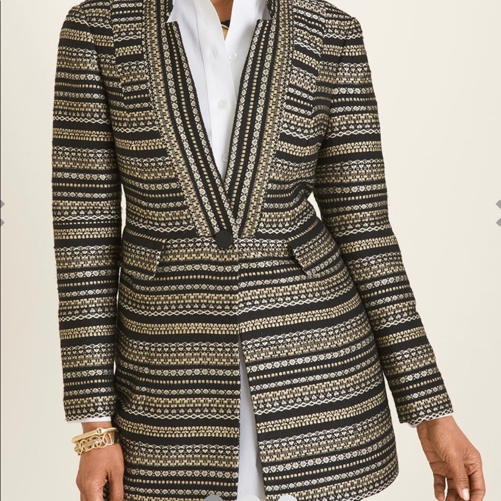 NWT Chicos Tweed  Black and Gold Metallic Long Line Blazer Jacket